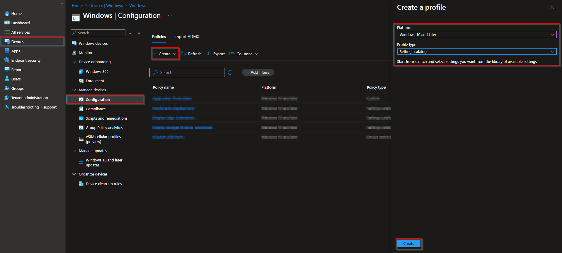 Creating a new configuration profile in Intune